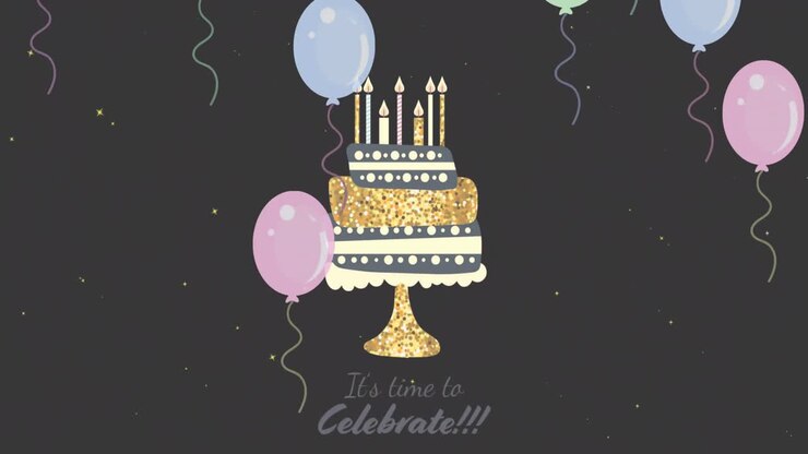 Animazione di torta di compleanno con candele accese e palloncini da festa su sfondo nero