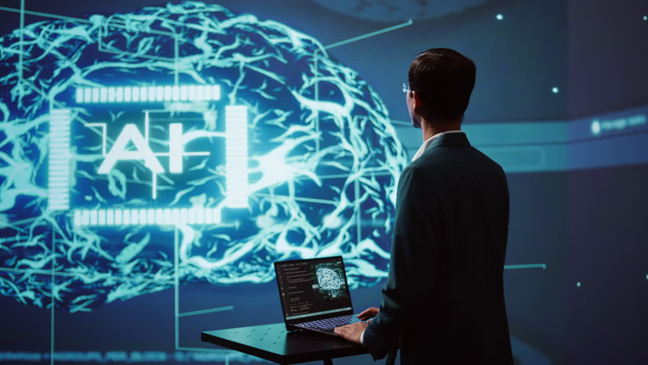 AI system administrator using laptop device in high tech futuristic workspace