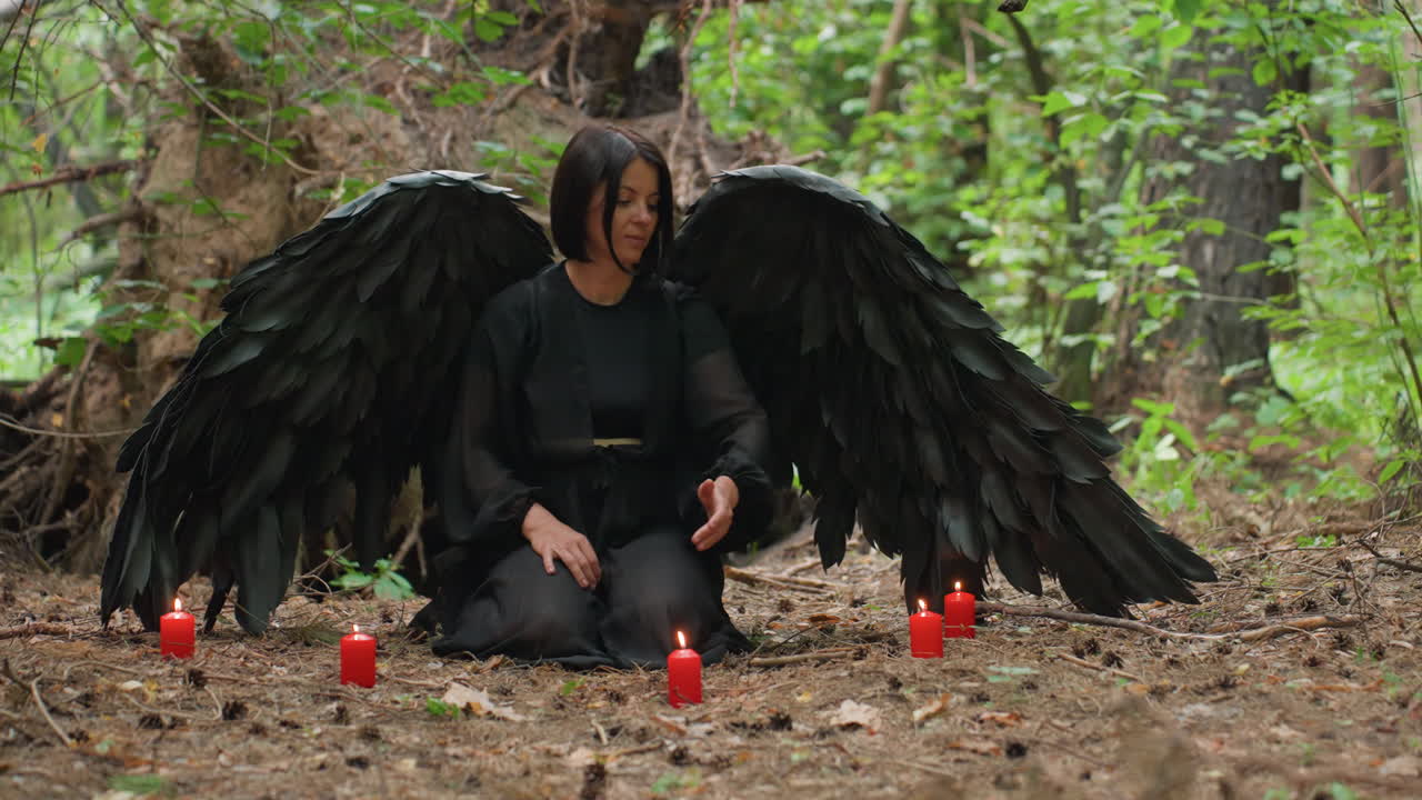 Woman with black angel wings kneels on forest ground surrounded by red candles, performing spiritism prayer, mystical atmosphere of nature, faith, and ritual energy radiates calm intensity