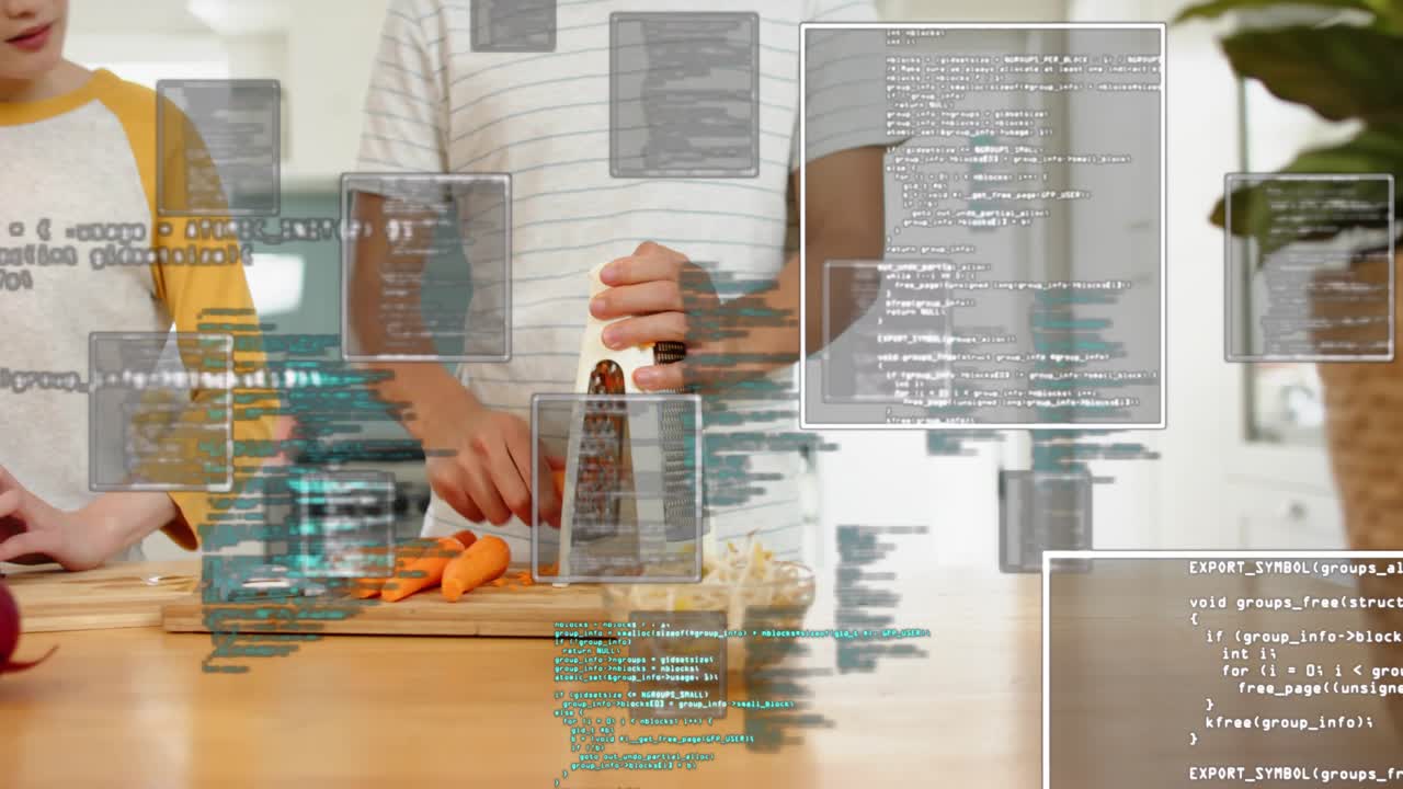 Family of three prepping meal at kitchen island as code overlay thinning, revealing faces, grating
