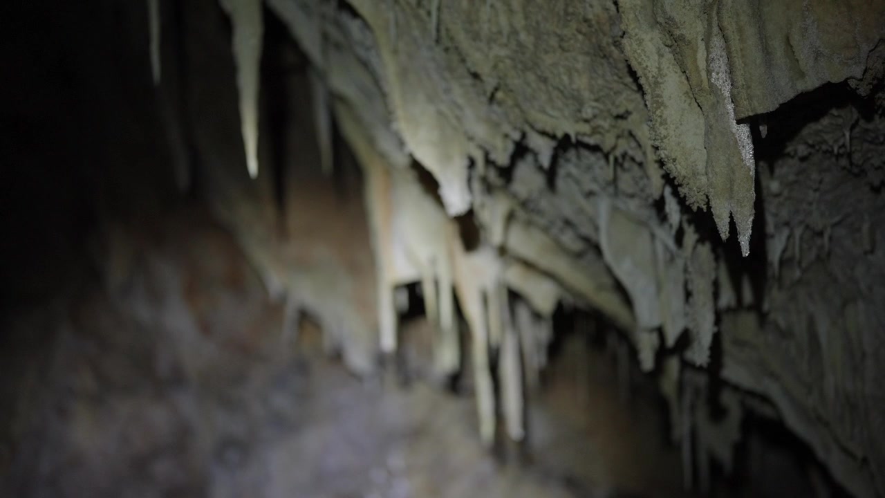 Close up view of the natural formation of stalactites in a dark cave