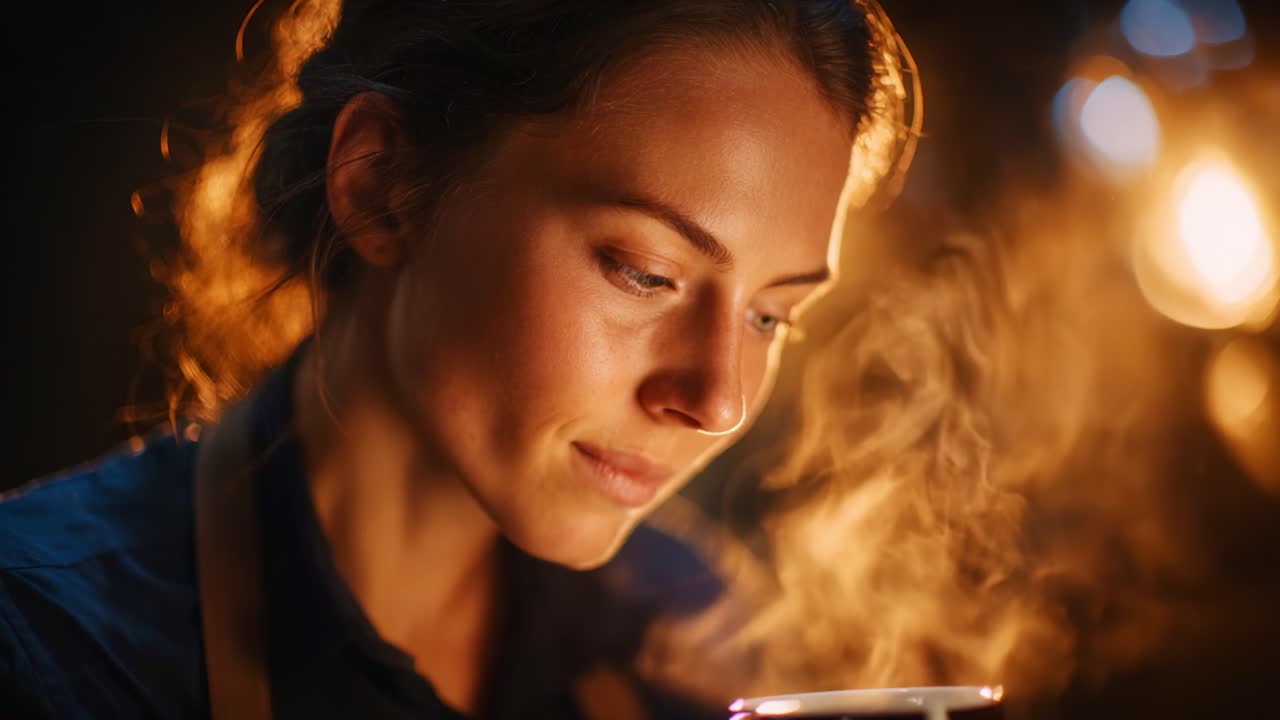 A Close-Up of a Woman Enjoying the Aroma of a Hot Beverage, Capturing the Intensity of the Moment with Soft Lighting and Steam in the Background