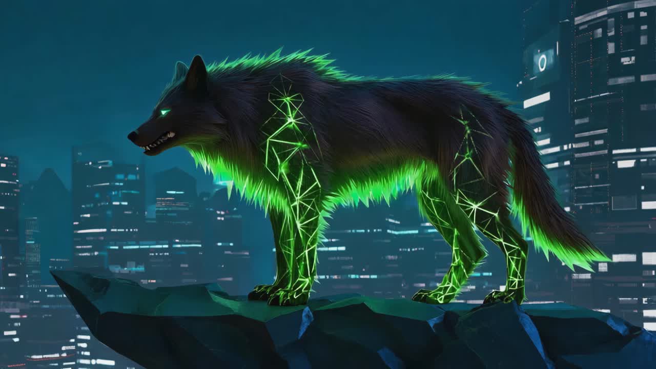 Lupo neon incandescente in un paesaggio urbano futuristico