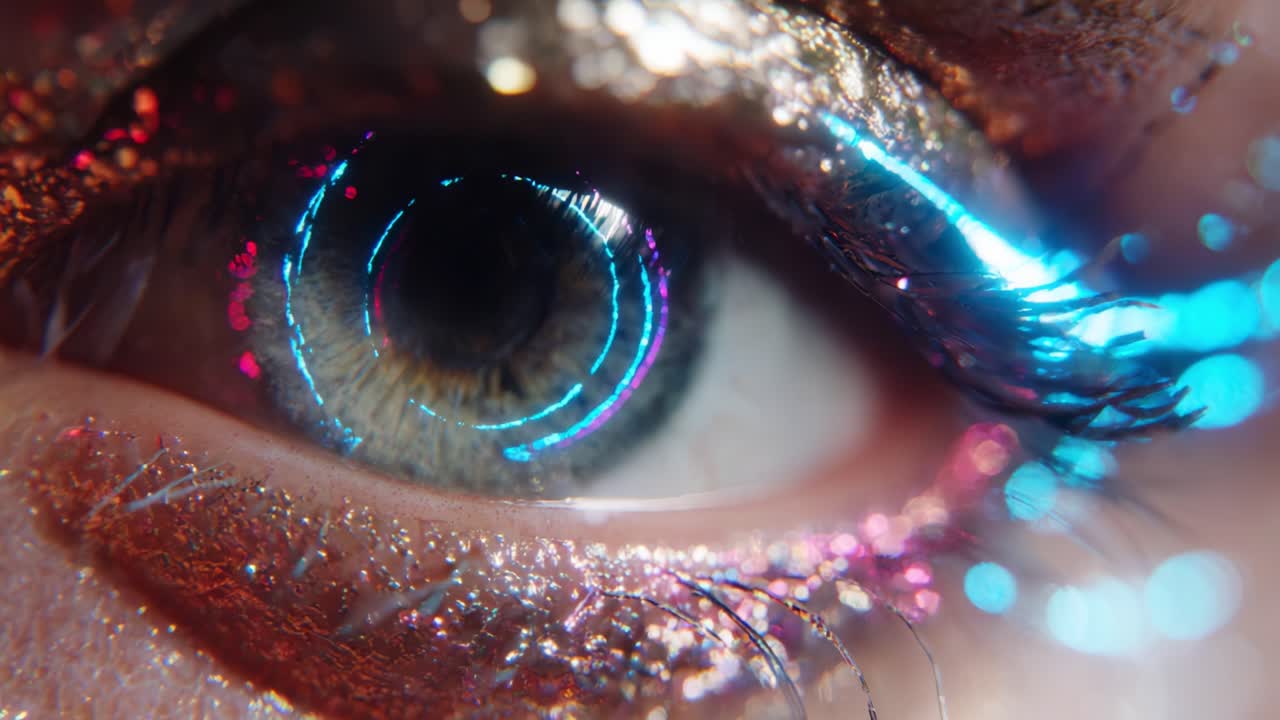 A Captivating Artistic Representation of an Eye with Sparkling Glitter and Hypnotic Spiral Patterns in the Iris, Showcasing Vibrant Colors and Striking Visual Effects in Two Stunning Frames