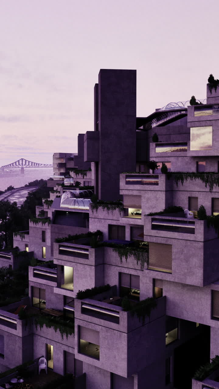 Modern architecture along riverfront at dusk with urban landscape