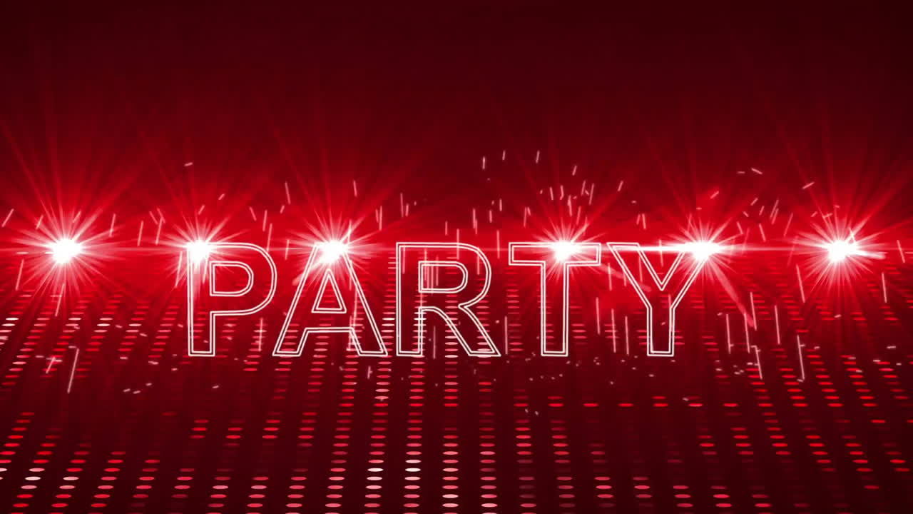 Party text animation over red and black digital lights background