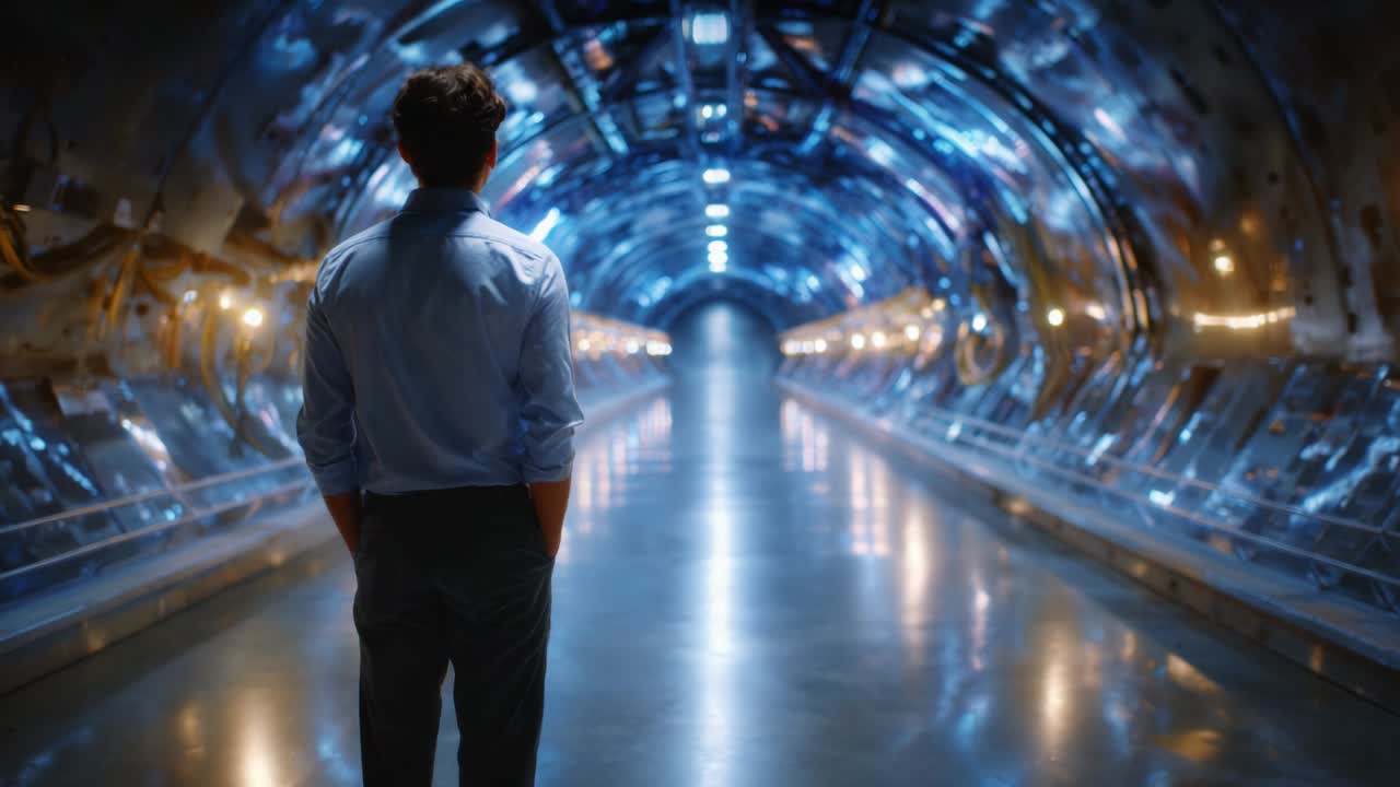 A solitary figure stands at the end of a futuristic tunnel, gazing forward into a shimmering corridor illuminated by soft blue lights, evoking a sense of wonder and adventure amidst the sleek, metallic surroundings