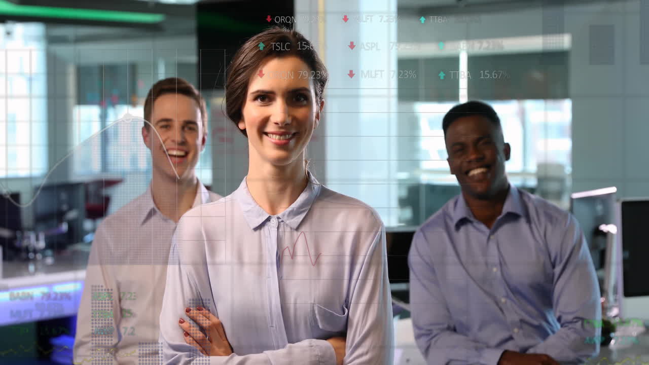 Three colleagues standing in tech office, showing live data charts and percentage overlays