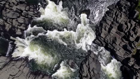 aerial view of turbulent river rapids and rocky gorge