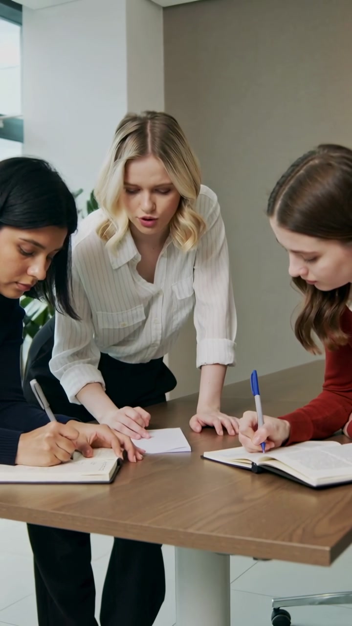 Leaning center blonde woman in white blouse pointing and guiding team at office table with notepad