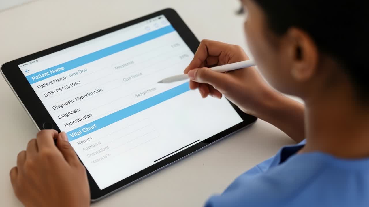 A healthcare professional engages with a digital tablet, meticulously documenting patient information and maintaining electronic medical records, highlighting the pivotal role of technology in modern healthcare settings