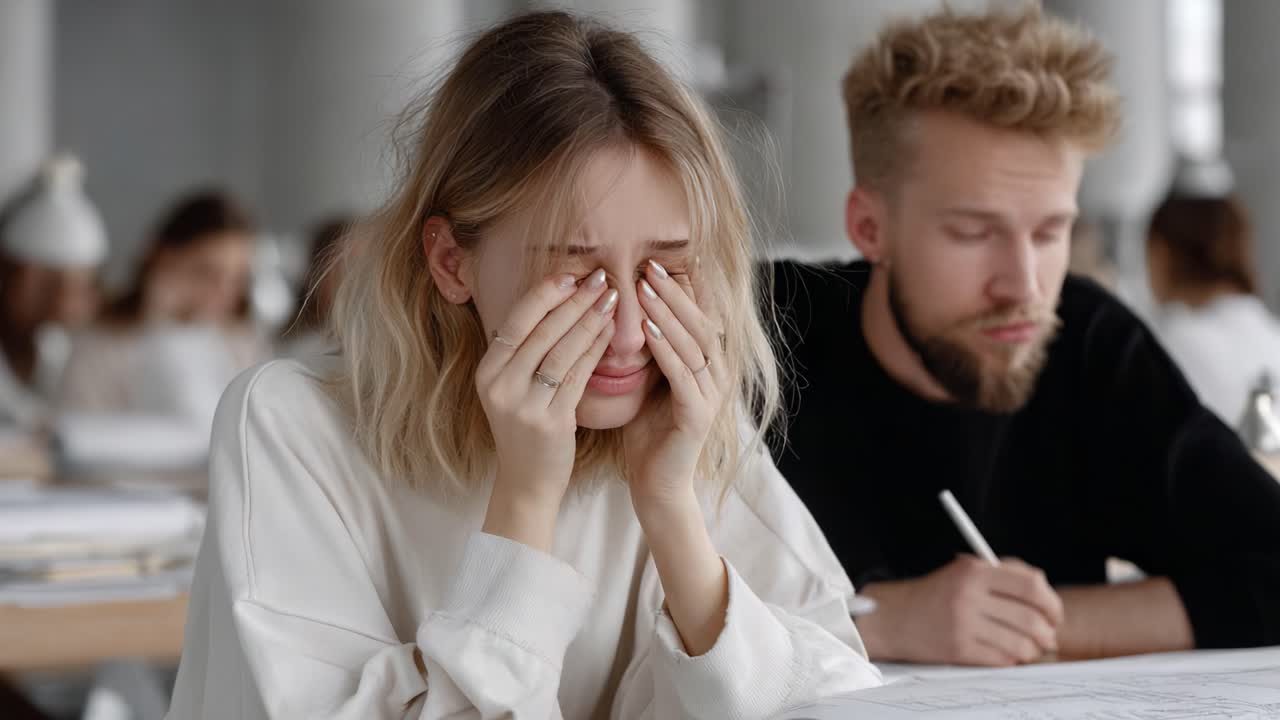 A Moment of Overwhelm: A Student's Emotional Struggle During a Stressful Work Session in a Classroom Environment