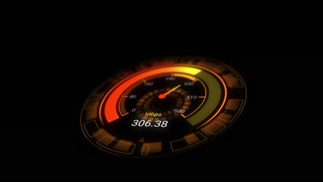 Animation-of-orange-speedometer-over-black-background