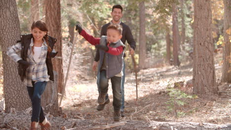 two kids running ahead of their dad in a forest, front view