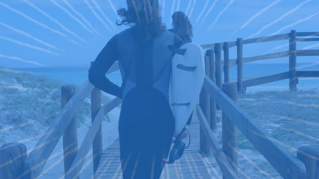 Woman walking boardwalk carrying surfboard, featuring animated graphs and ocean data for marketing