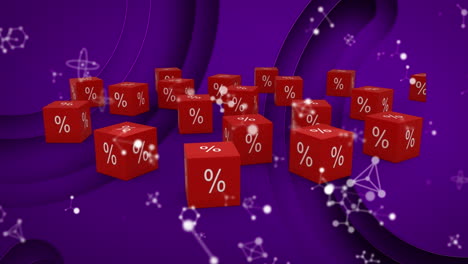 estructuras moleculares sobre el signo porcentual en múltiples bloques rojos forma abstracta en fondo púrpura