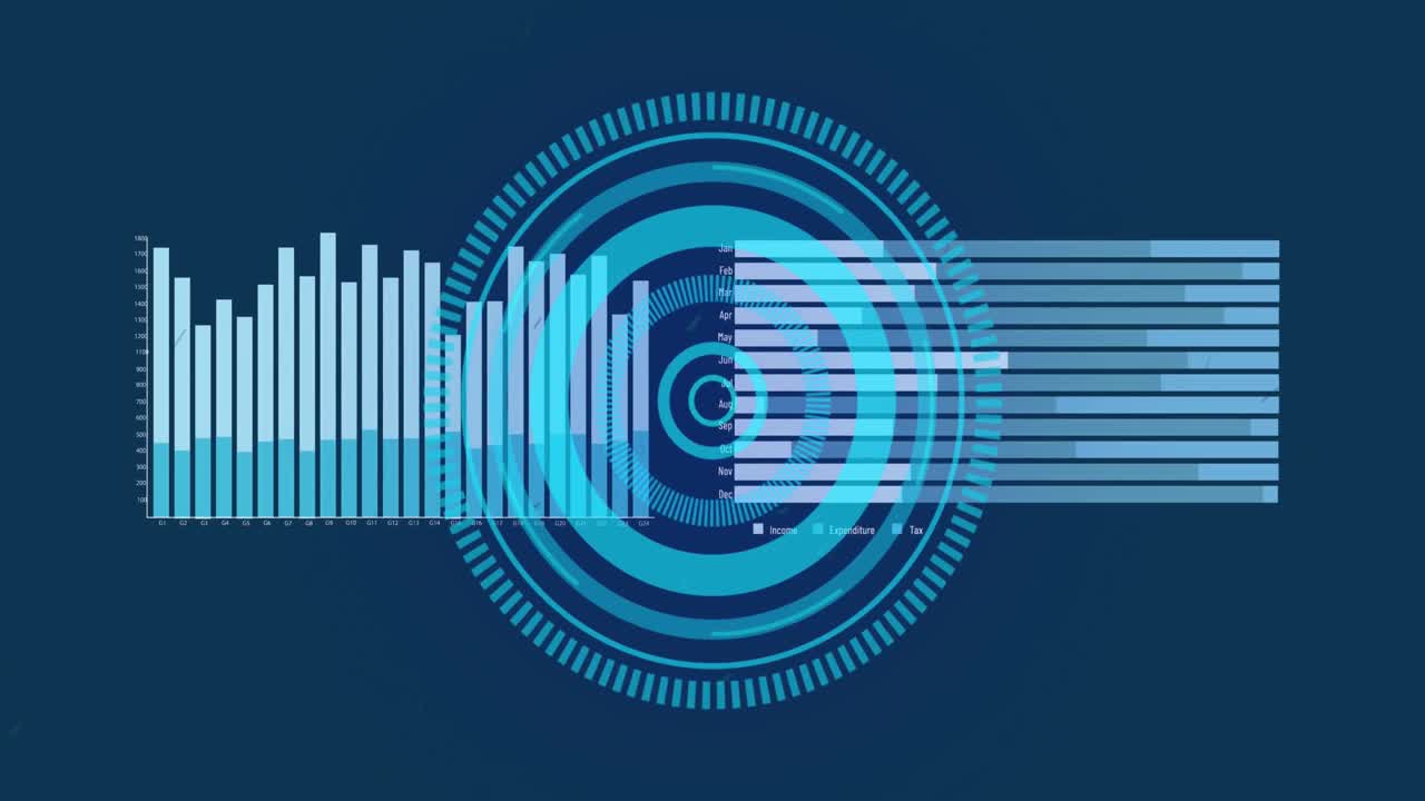 파란색 배경에 대한 통계 데이터 처리 위에 회전하는 둥근 스캐너의 애니메이션