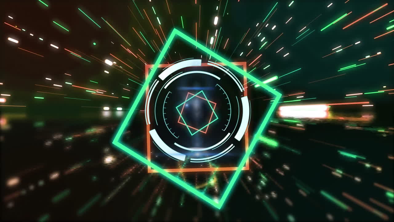 Geometric shapes and light trails creating dynamic digital animation effect
