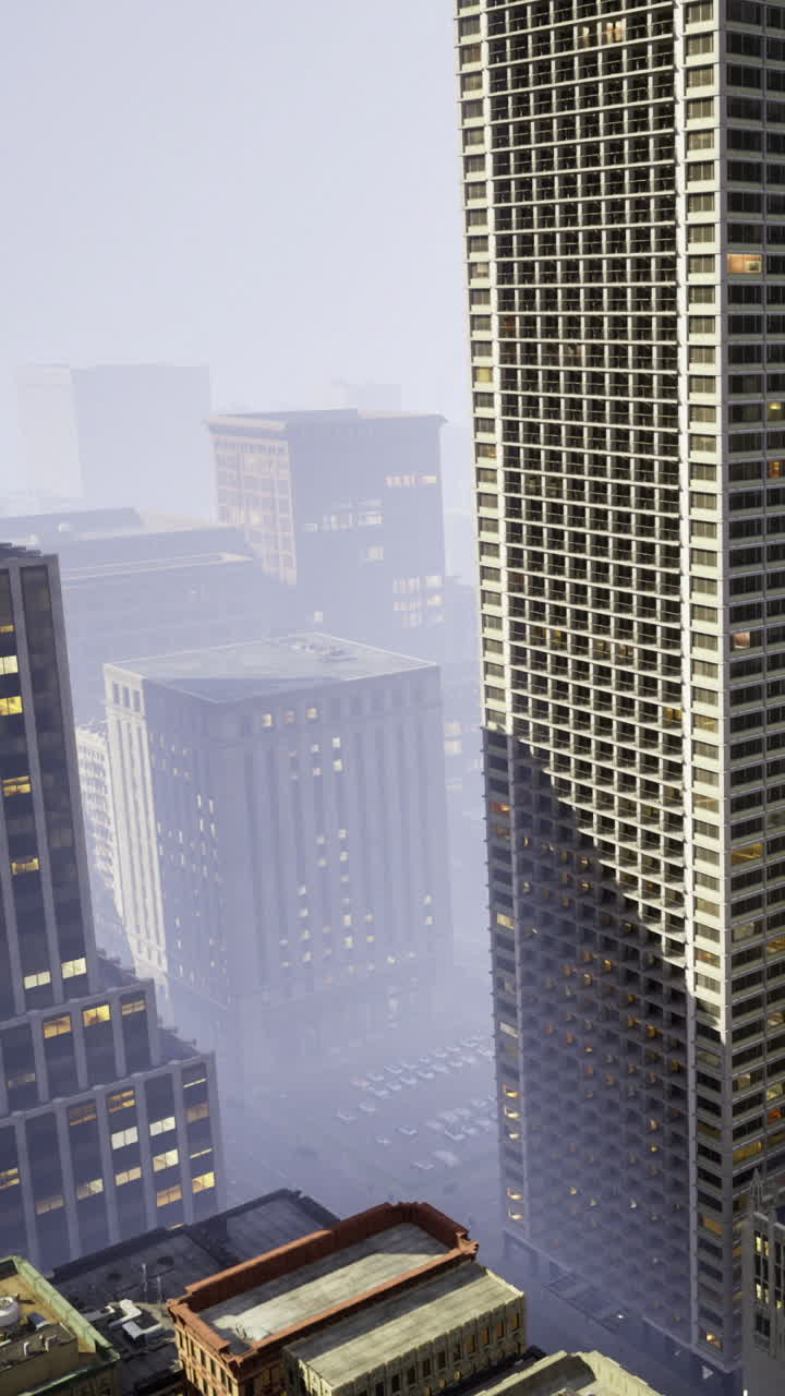 Edifici cittadini nella nebbia nelle prime ore del mattino da un'altura.