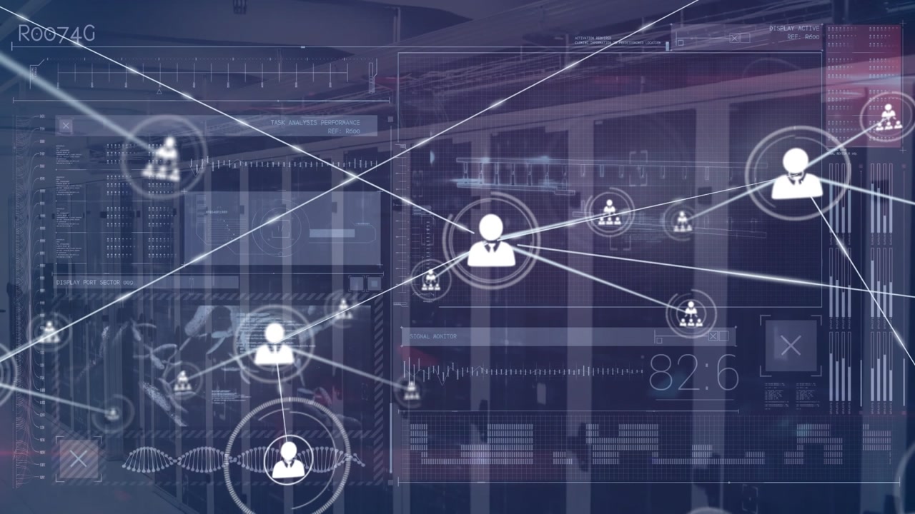 Animation of network of connections with icons over computer servers