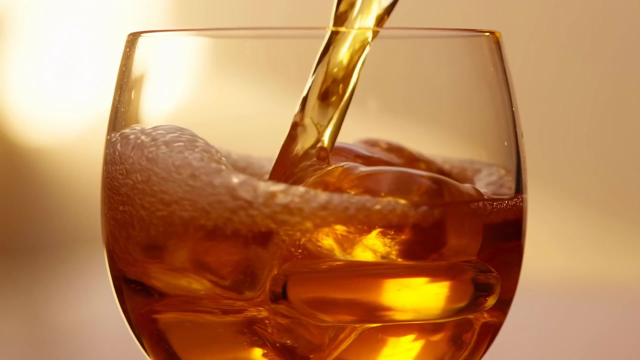 Un flusso costante di liquido ambrato riempie un bicchiere attorno a ghiaccio traslucido, con un movimento vorticoso, livello che sale, bollicine fini e caldi riflessi in un primo piano luminoso contro uno sfondo leggermente sfocato.