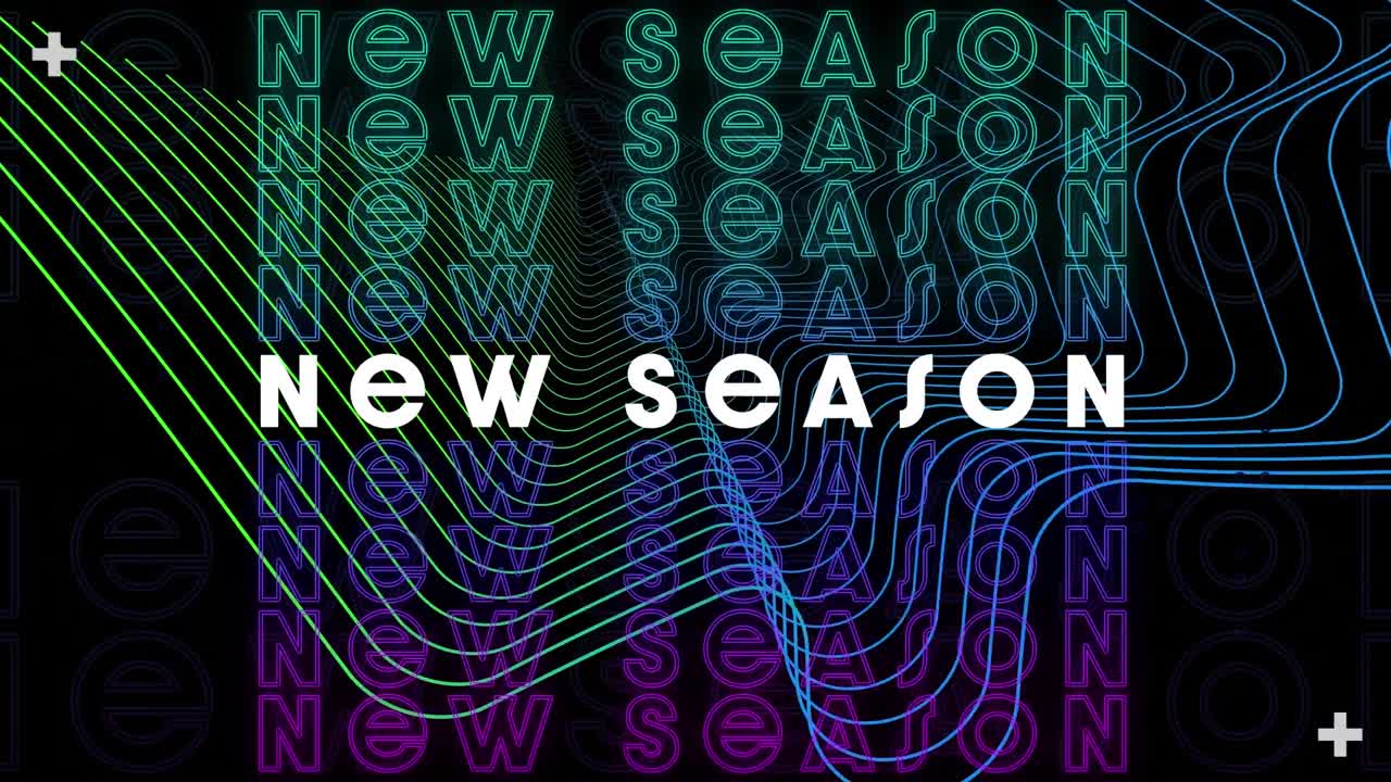 Animation of new season text over moving lines on black