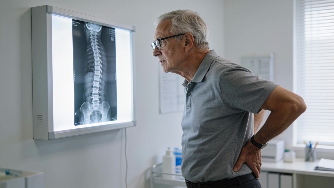 Ældre mand i grå polo med rygsmerter læner sig og studerer rygsøjle-røntgenbillede på klinik lyskasse, plads til tekst.