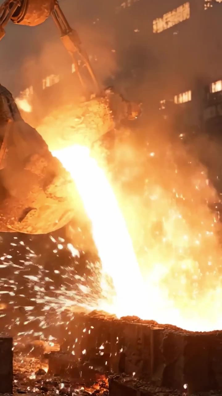 Molten Metal Pouring Process in a Foundry: An Intense Display of Steel Production and Casting Techniques Captured in Action