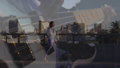 woman walking rooftop terrace overlaying electric bass strings and pickups for music marketing