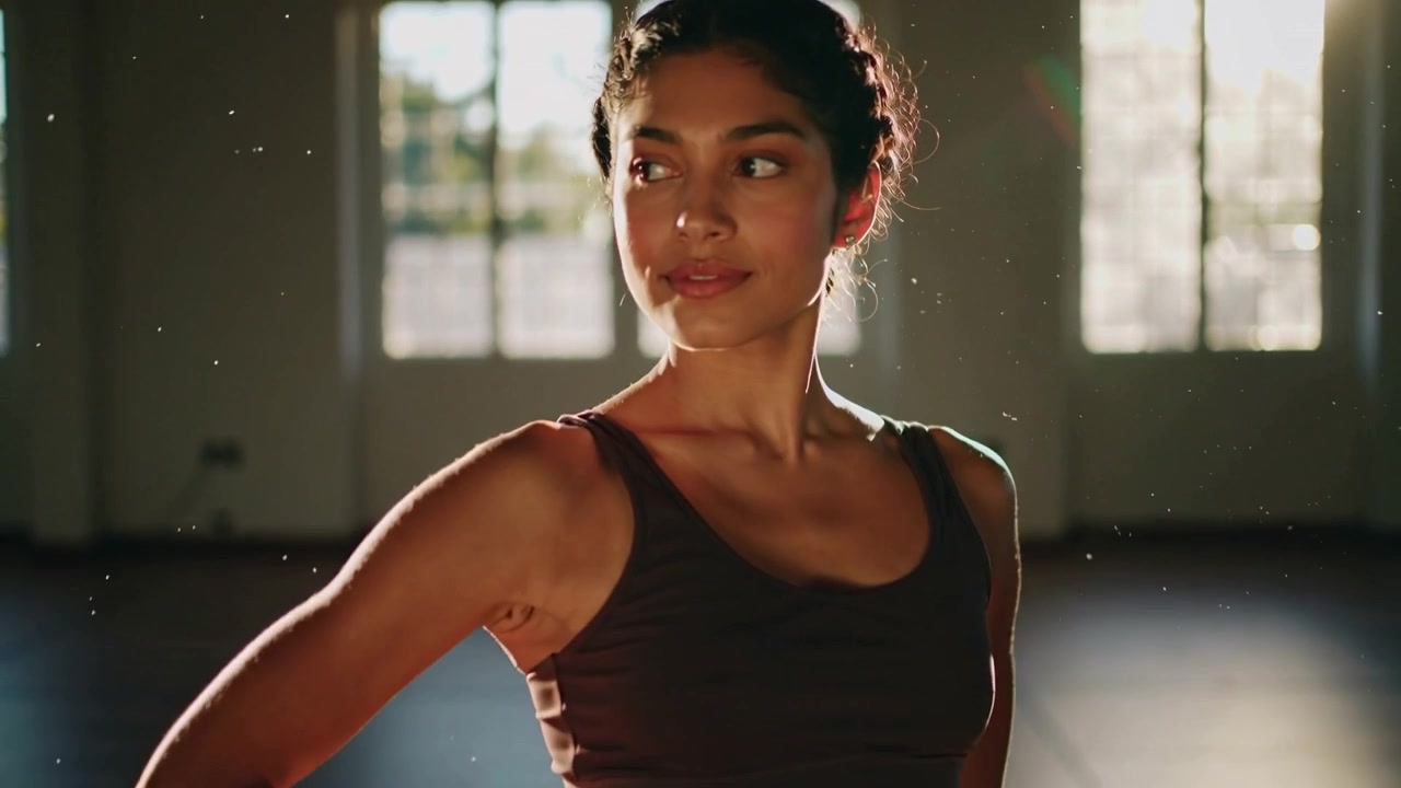 Rotating adult female dancer practicing on cue in studio, showing sports bra, skirt, wood floor