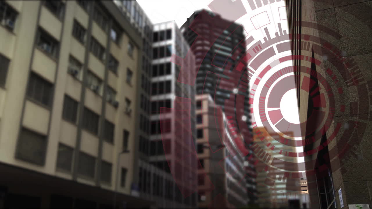 Digital interface animation over city buildings and skyscrapers
