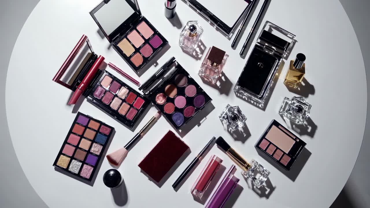 Flat lay video of assorted makeup products on a white circular table, showcasing vibrant palettes