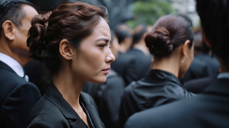 Woman in black suit, solemn gaze. Group wears dark attire, serious expression. She looks downward, head slightly bowed. Crowded gathering, quiet, somber mood. Suitable for funeral, memorial