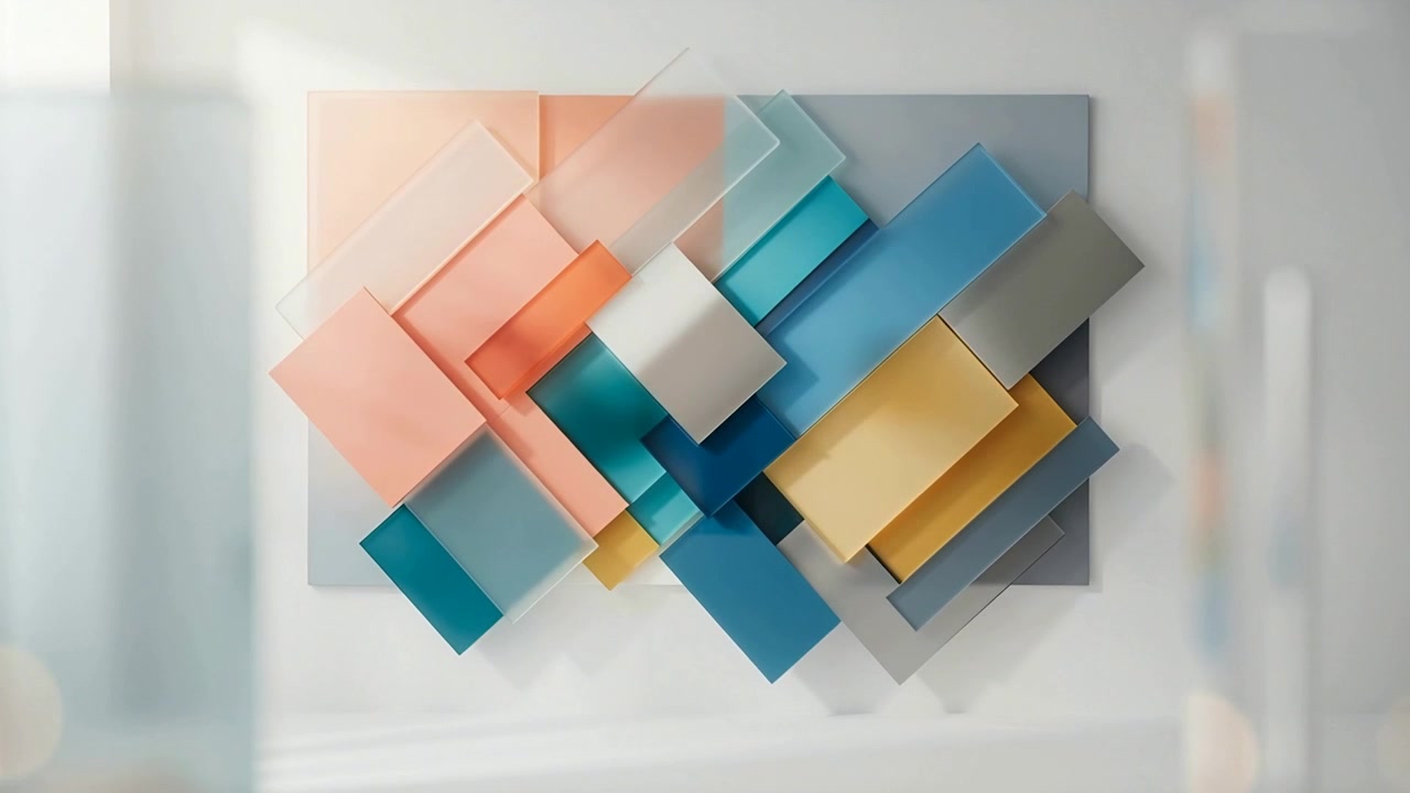 Telecamera in movimento che svela opere d'arte astratte in galleria, con pannelli che si spostano e colori saturi che si intensificano.