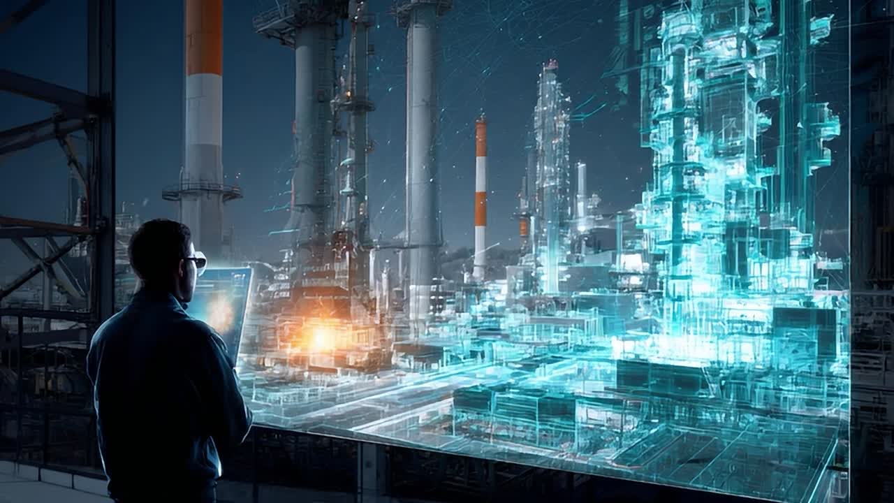 View of futuristic industrial facility with holographic displays at night