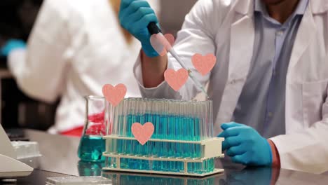 animation of hearts over caucasian male scientist using pipette in lab