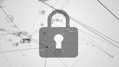 digital animation of network of connections over security padlock icon on grey background