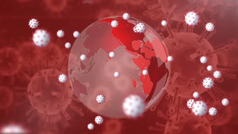 Animation-of-3d-covid-19-cells-floating-over-globe-on-red-background