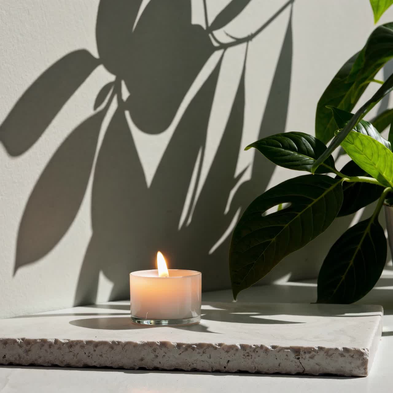 Une scène vidéo sereine d'une bougie allumée sur une dalle de pierre, avec des ombres de plantes sur un mur.