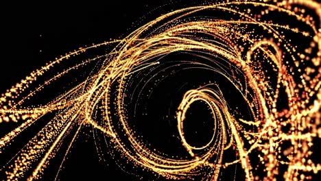 golden particles rotating, spiraling across dark background, generating mesmerizing luminous visual dynamic with fluid, elegant movement emerging from cosmic digital design environment