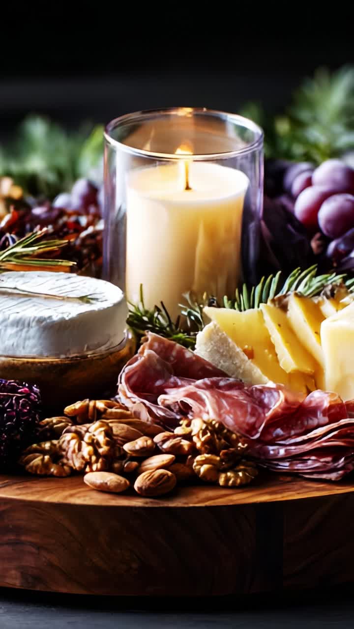 Et elegant ost- og charcuterie-brett vist med et lys, friske druer og nøtter, perfekt for underholdning og for å nyte gourmet-smaker sammen