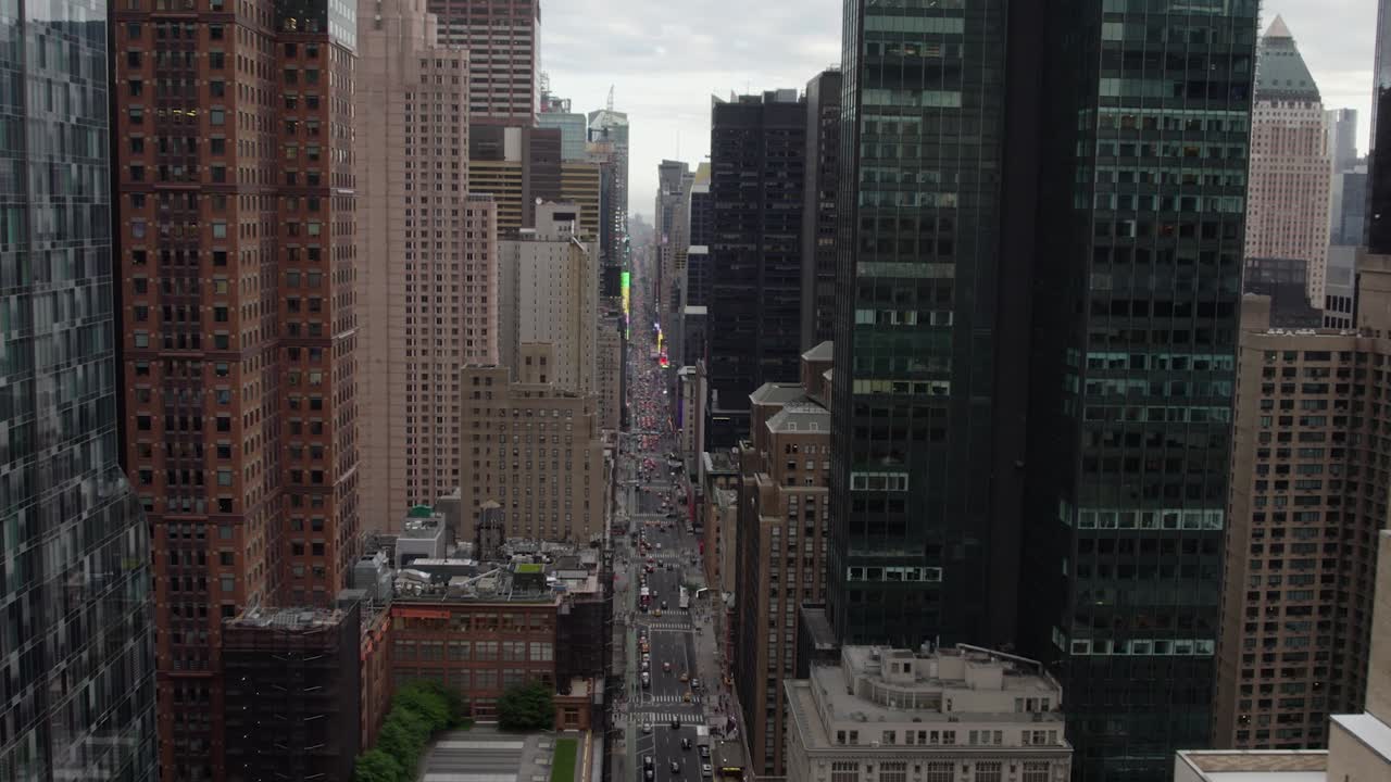 Aerial view over 7th avenue, towards the Times square, in cloudy New York city, USA