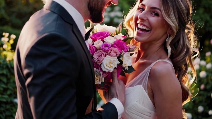 Happy Newlywed Couple Laughing Together in a Rose Garden