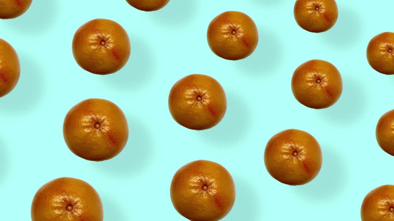 patrón de frutas coloridas de pomelos frescos en fondo azul con sombras. patrón sin costuras con pomelos. animación realista. movimiento de video 4k