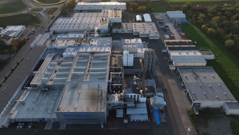 aerial view of factories and warehouses in an industrial complex at sunset