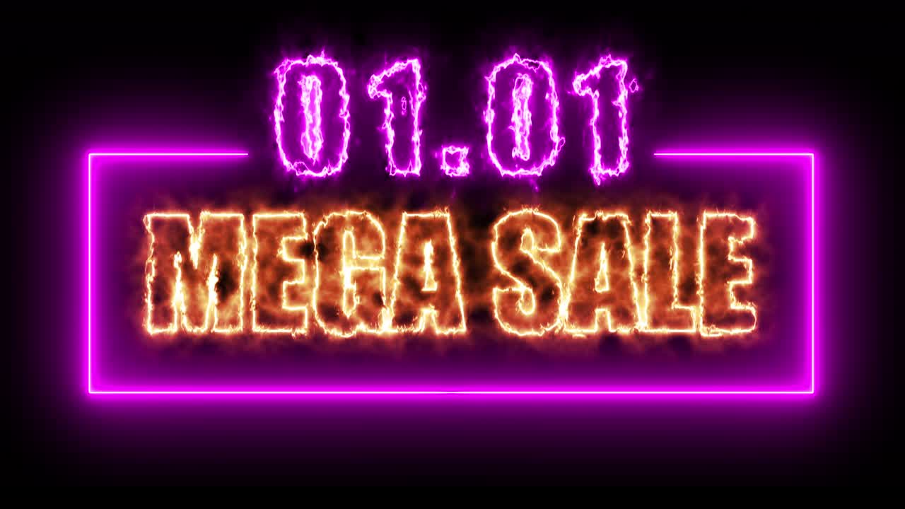 01.01 mega venta colorido cartel de neón con fondo negro para promocionar el video. concepto de promoción de la venta de la marca