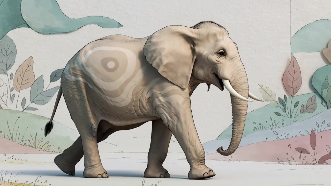 Elefant kommer ind og går over en pastelpapirscene fra venstre, viser stødtænder og ringet flanke.