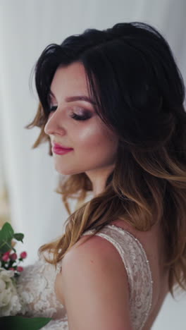 attractive bride in fancy white wedding dress with stylish bunch of flowers. wedding day of bride in bridal gown. beauty woman and bouquet. portrait of a model in a beautiful bridal dress. vertical video