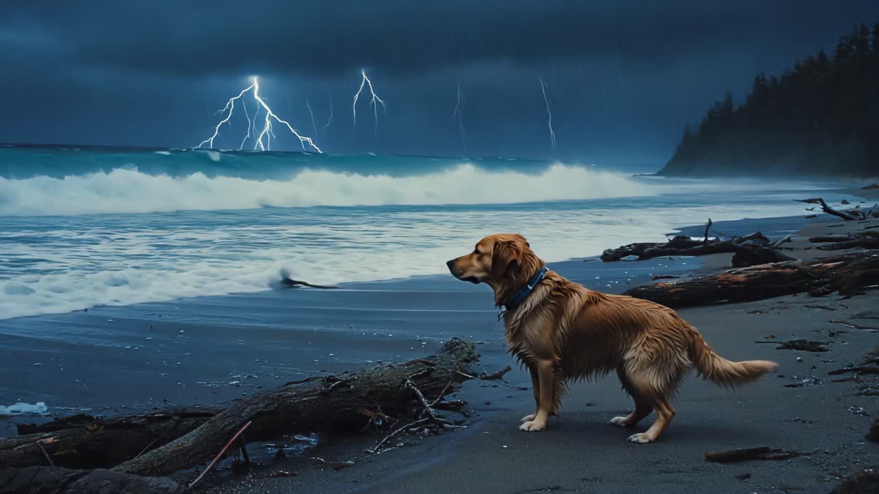 Dog on the beach during a lightning storm