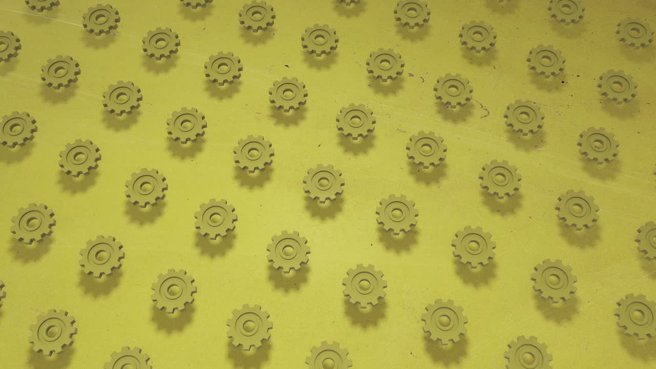 animación 3d de un fondo de contorno sin costuras de engranajes amarillos brillantes soleados, mecanismo giratorio. genial para presentaciones. ponga su propio texto en él